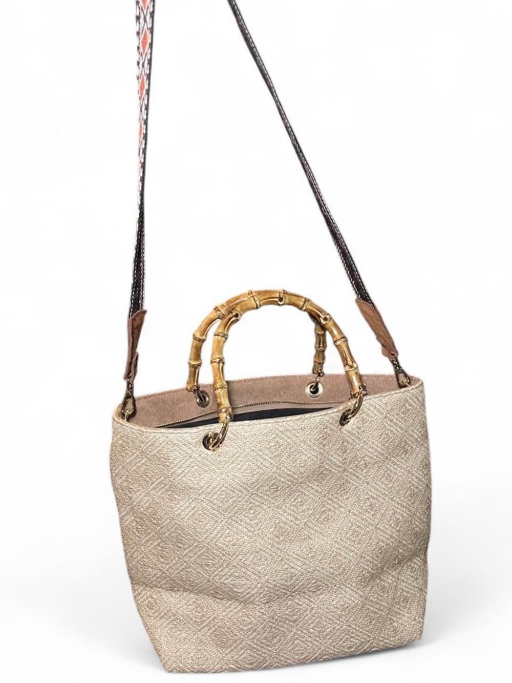 Beige Tote with Bamboo Handles and Shoulder Strap - Women's Tote Bag